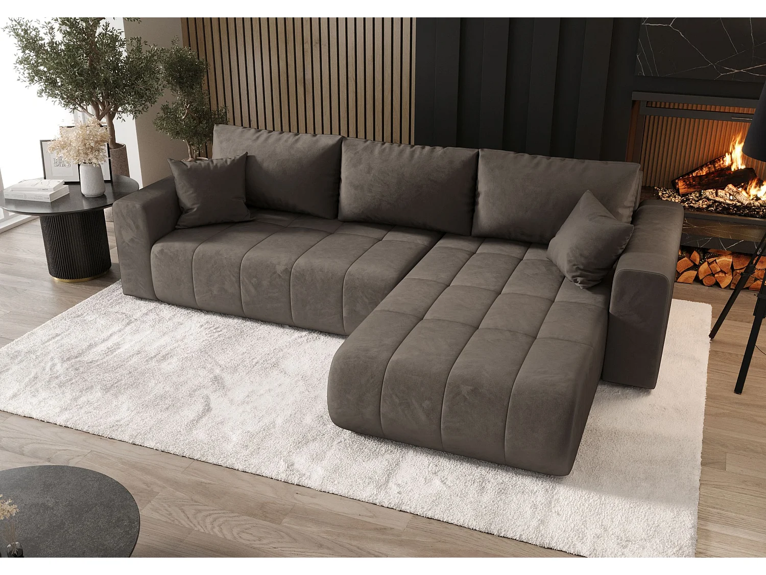 Canapé d'angle LARA droit marron velours Monolith 15 - fonction couchage, coffre à literie