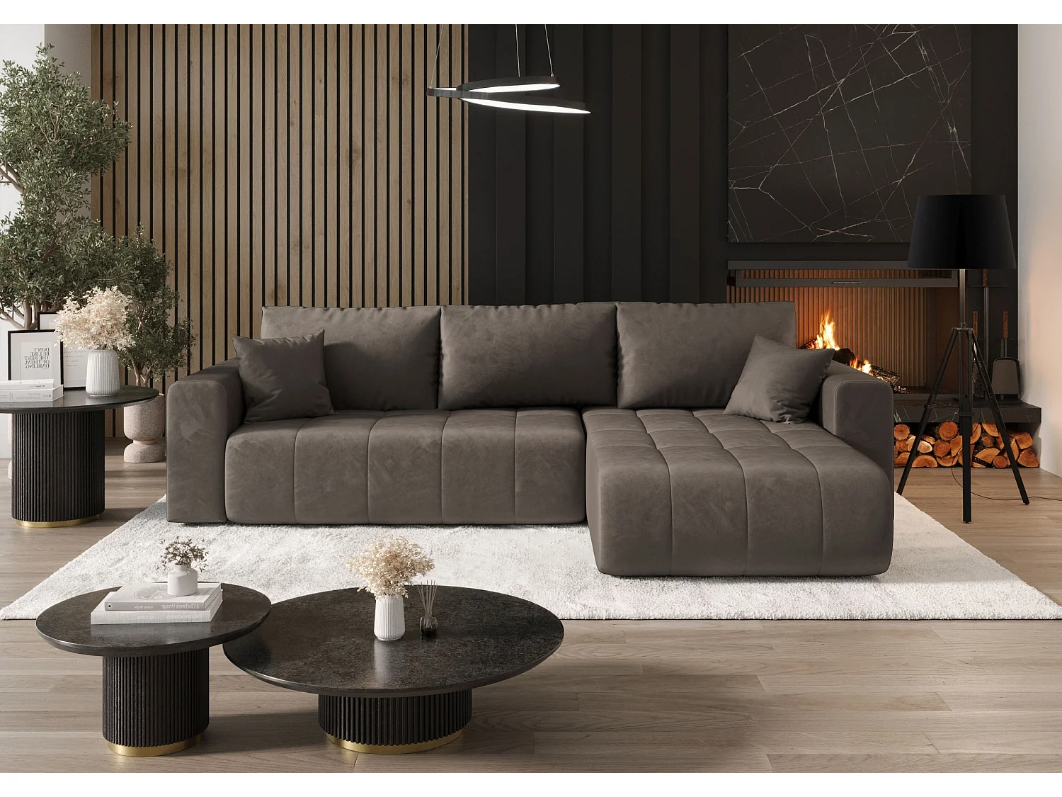 Canapé d'angle LARA droit marron velours Monolith 15 - fonction couchage, coffre à literie