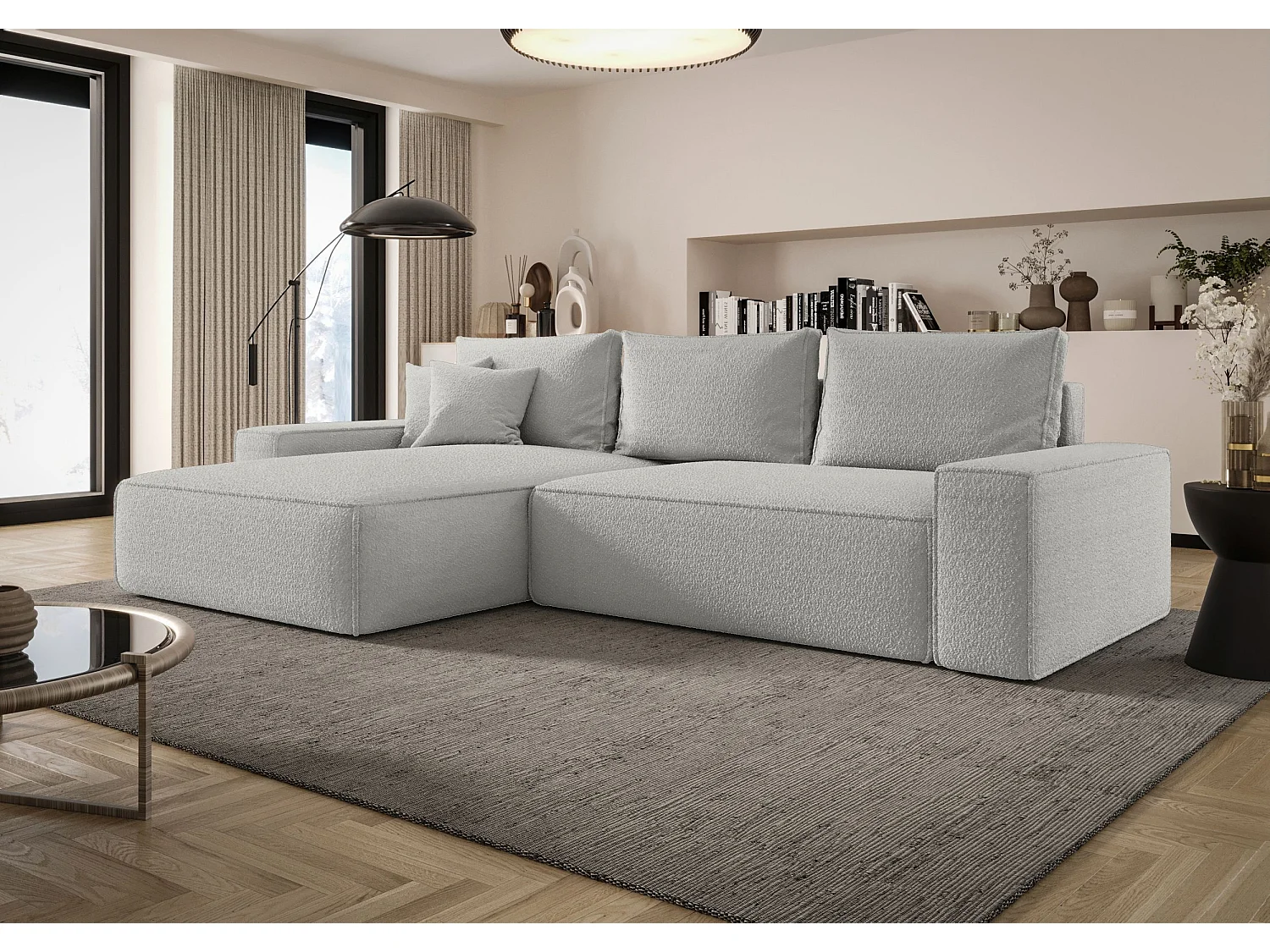 Canapé d'angle CALIFORNIA gauche gris Bukle Quelle 83 - fonction couchage, coffre à literie