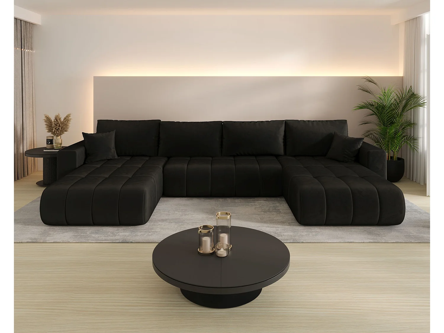 Canapé d'angle LARA PREMIUM en U graphite velours Monolith 95 - fonction couchage, coffre à literie
