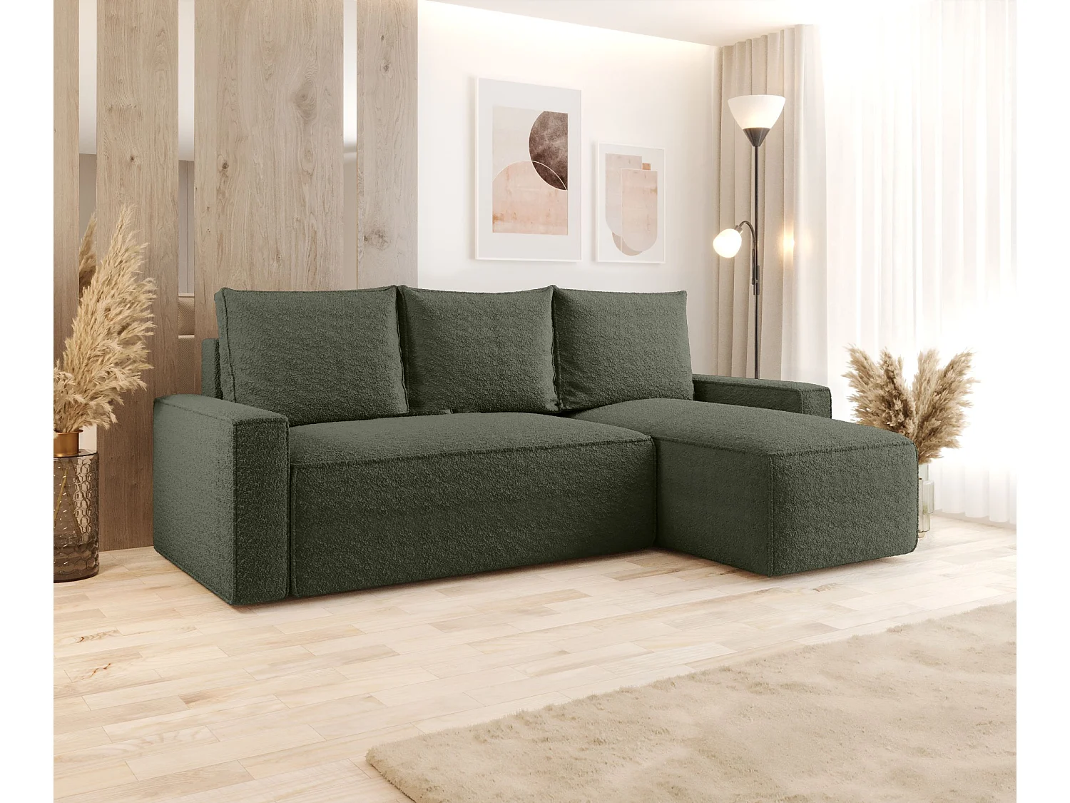 Canapé d'angle HAVANA droit Ciemno Zielony Bukle Quelle 37 - fonction couchage, coffre à literie