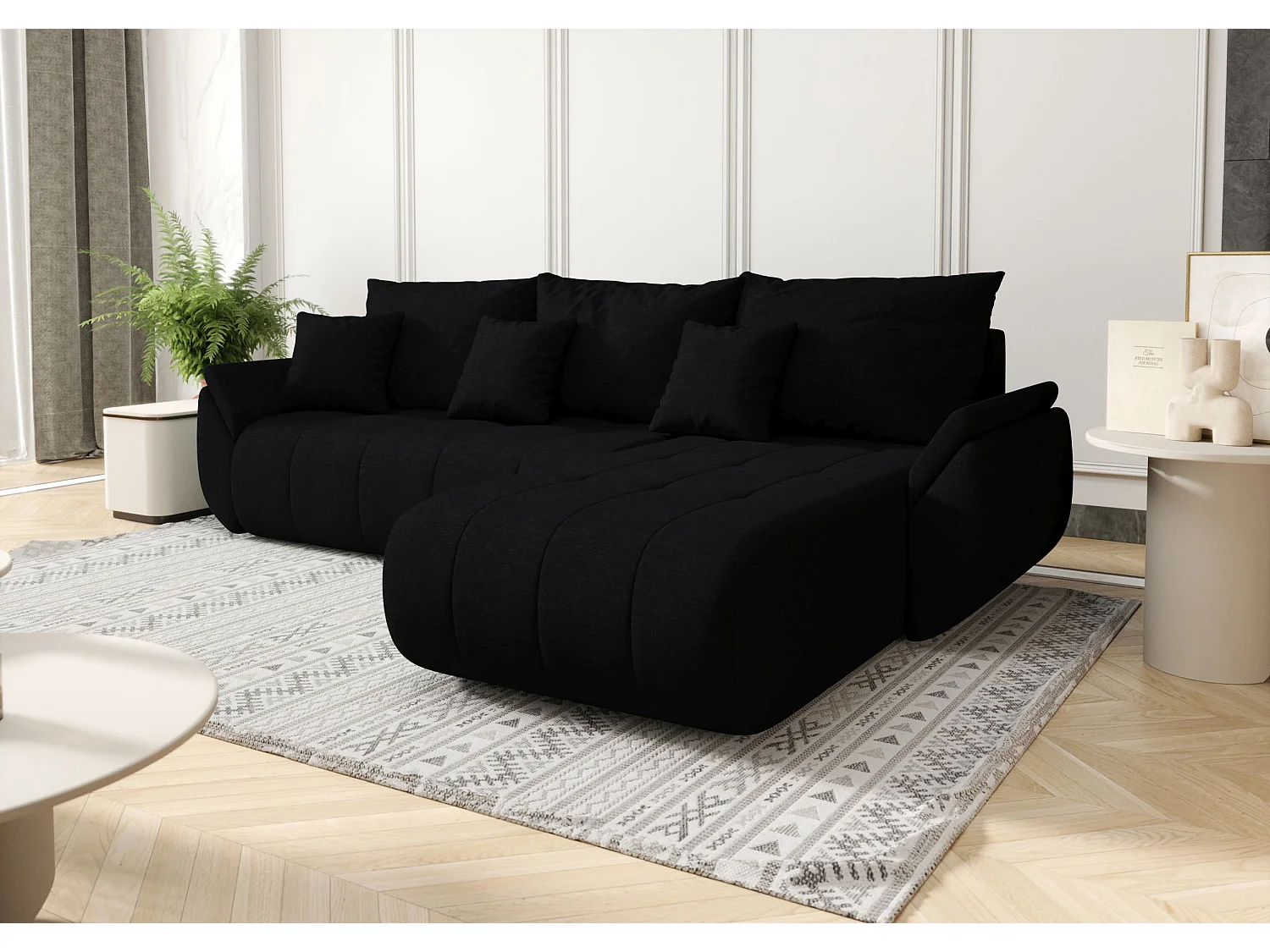 Canapé d'angle SYDNEY droit noir tricot Wind 99 - fonction couchage, coffre à literie