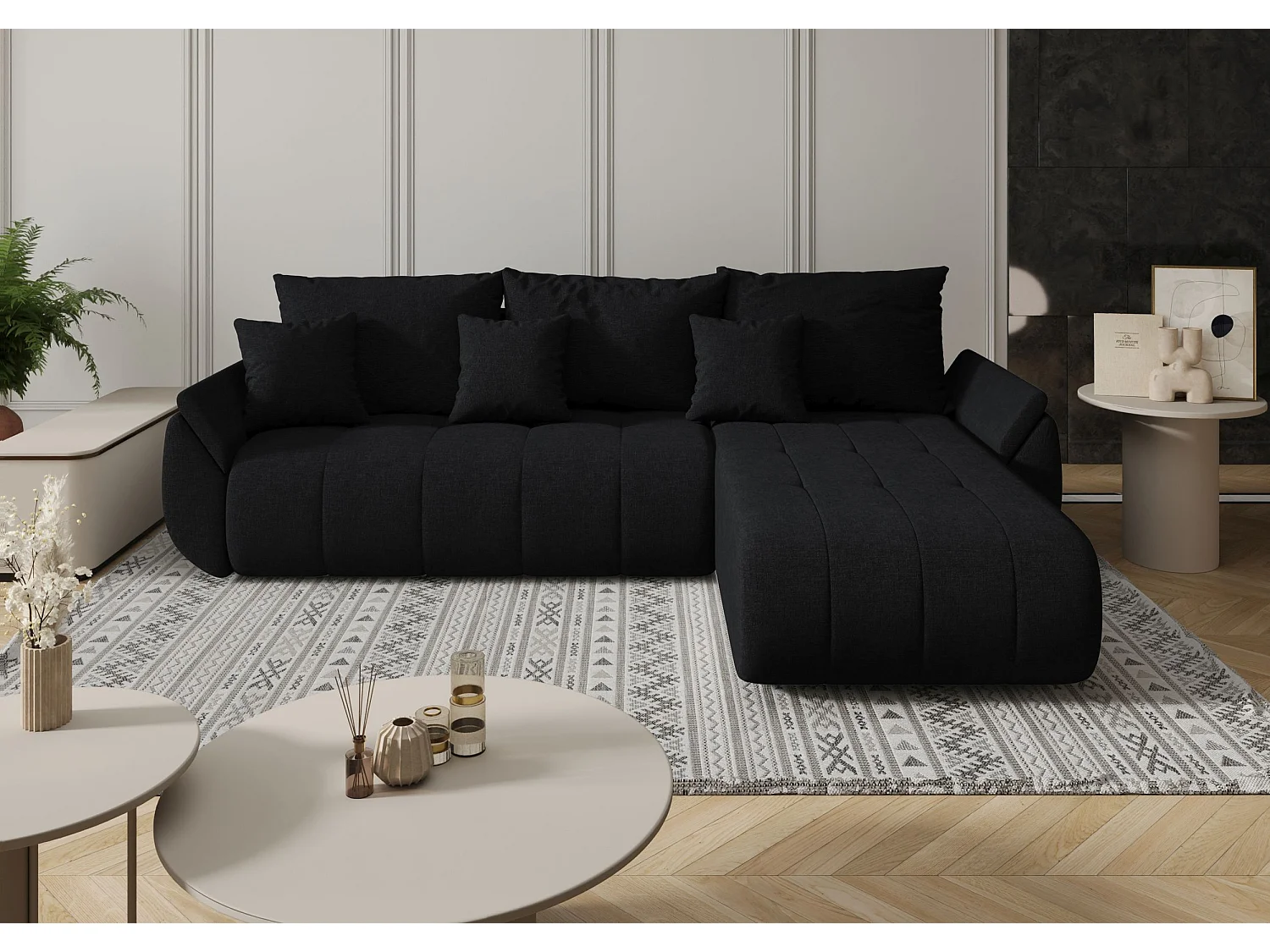 Canapé d'angle SYDNEY droit noir tricot Wind 99 - fonction couchage, coffre à literie