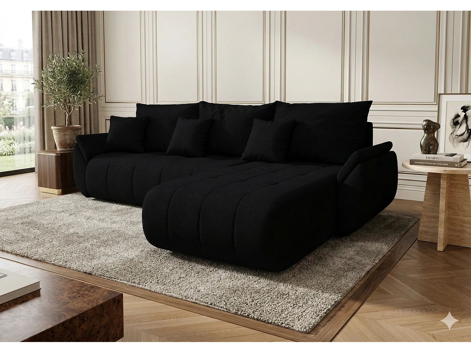 Canapé d’angle velours chenille convertible avec coffre NOVA-Noir-angle droit