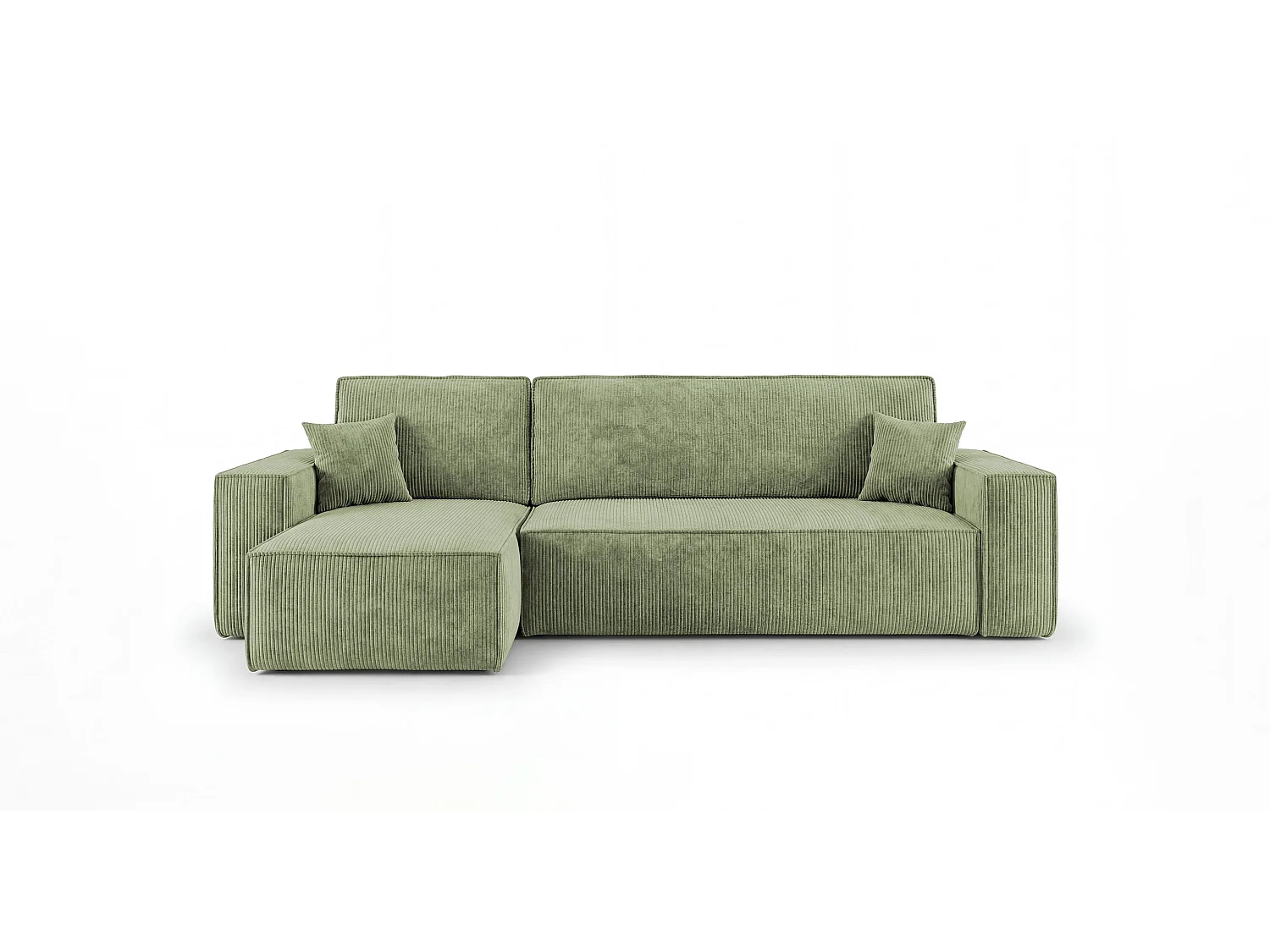 Canapé d'angle CALIFORNIA MINI gauche vert clair velours côtelé Poso 47 - fonction couchage, coffre à literie