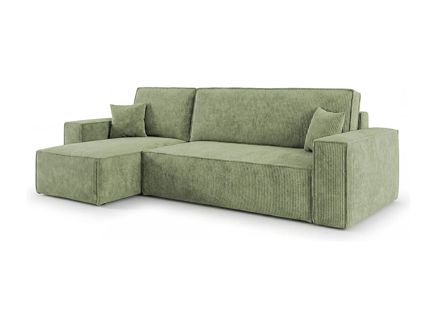 Canapé d'angle CALIFORNIA MINI gauche vert clair velours côtelé Poso 47 - fonction couchage, coffre à literie