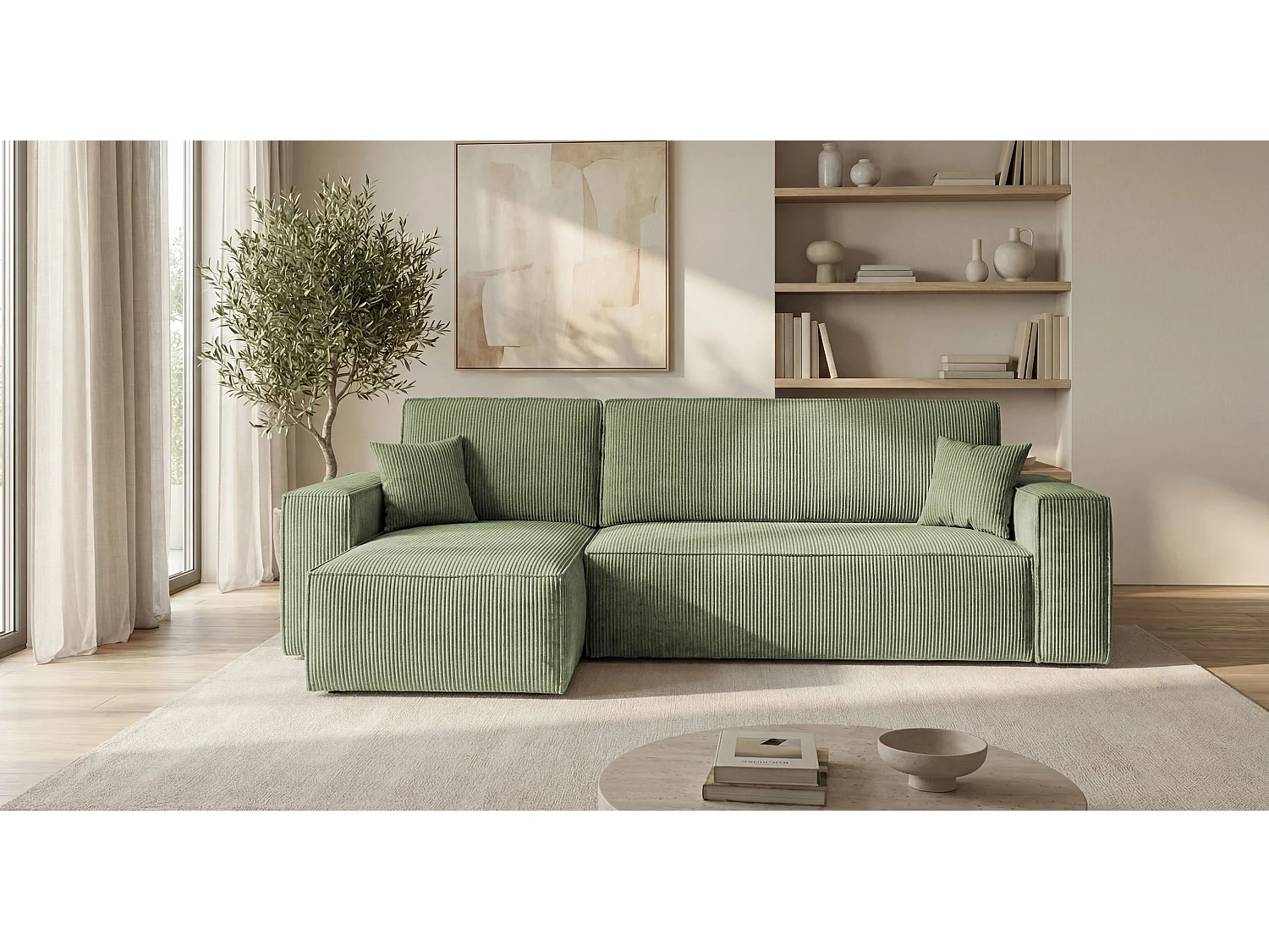 Canapé d'angle CALIFORNIA MINI gauche vert clair velours côtelé Poso 47 - fonction couchage, coffre à literie
