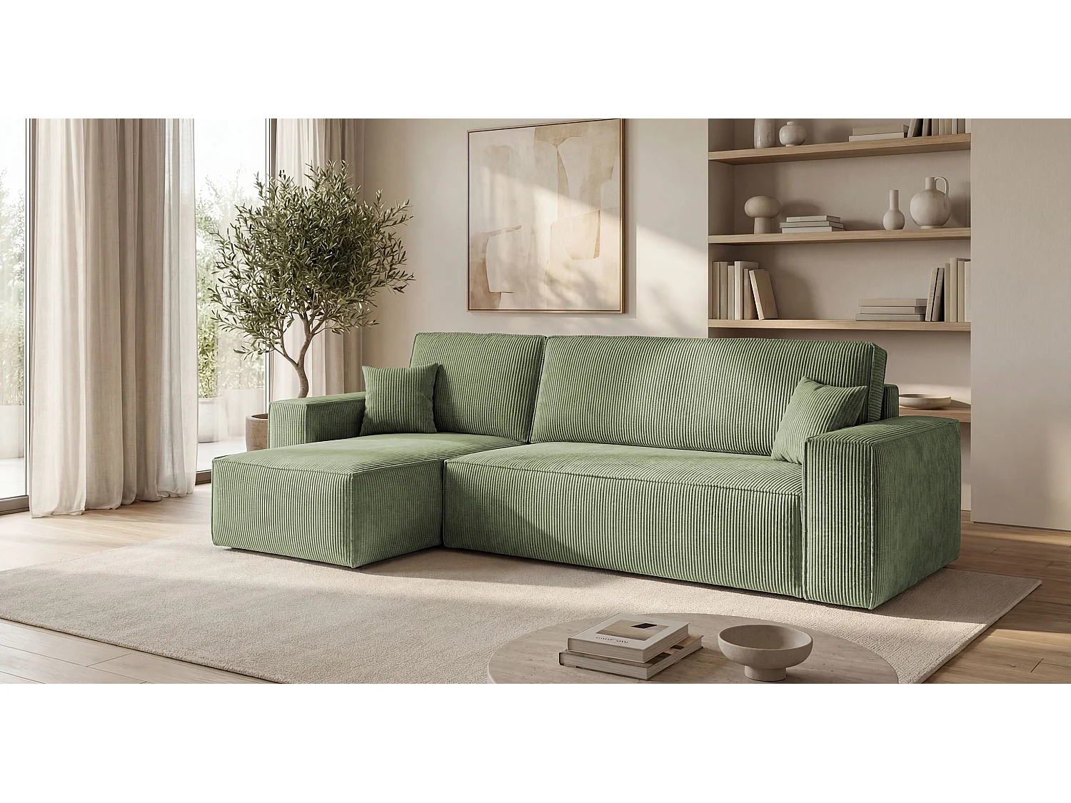 Canapé d'angle CALIFORNIA MINI gauche vert clair velours côtelé Poso 47 - fonction couchage, coffre à literie