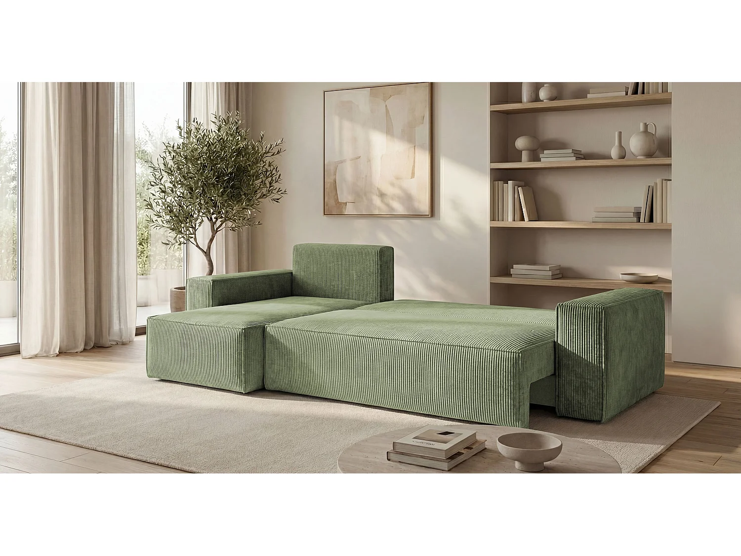 Canapé d'angle CALIFORNIA MINI gauche vert clair velours côtelé Poso 47 - fonction couchage, coffre à literie