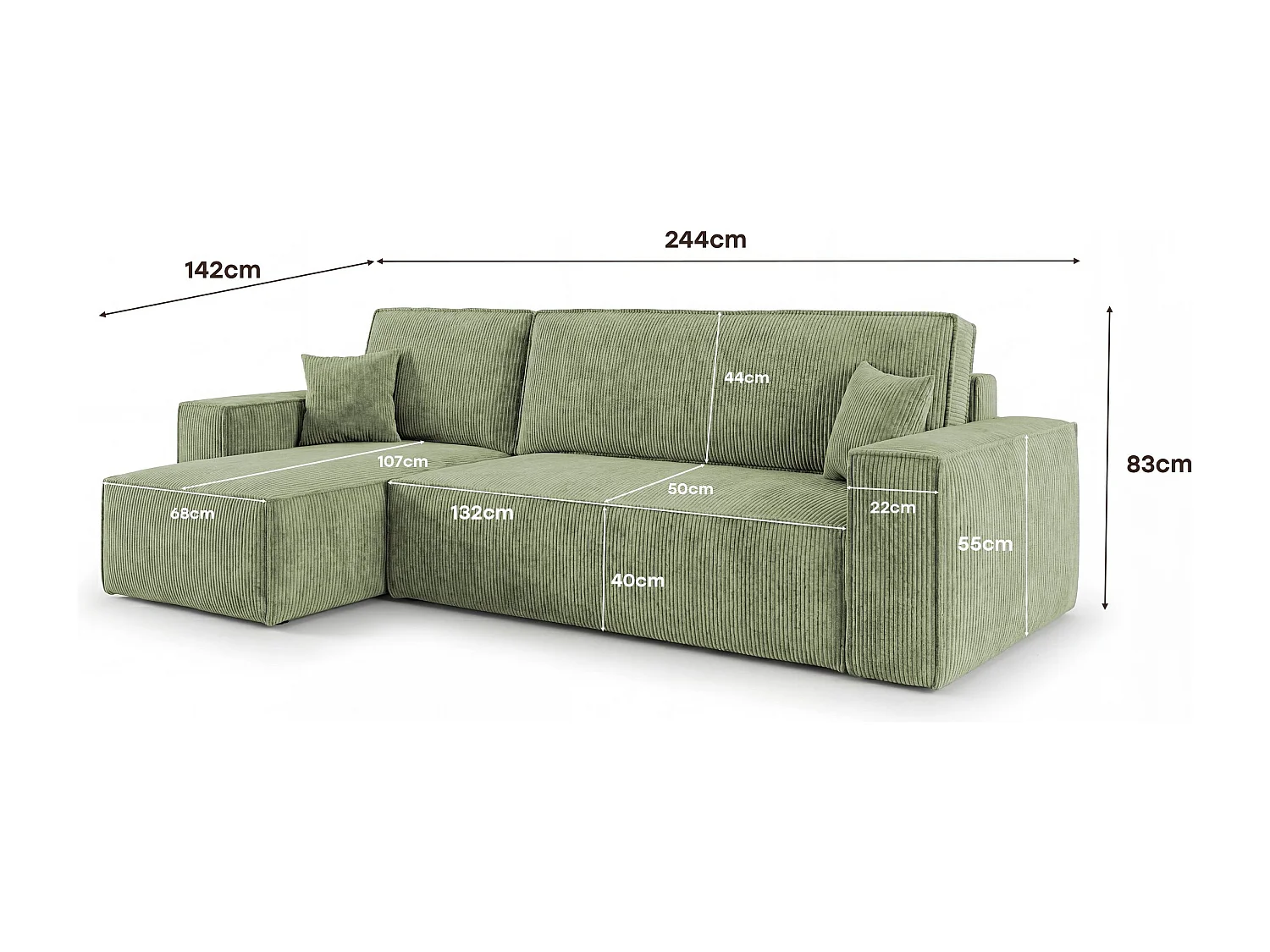 Canapé d'angle CALIFORNIA MINI gauche vert clair velours côtelé Poso 47 - fonction couchage, coffre à literie
