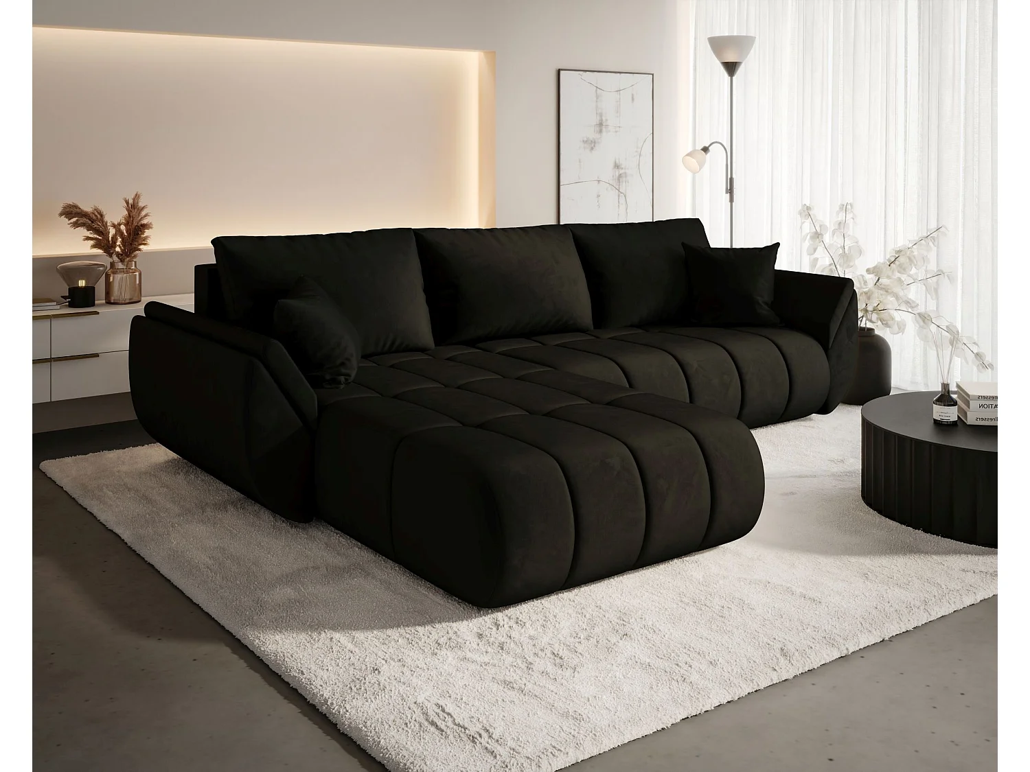 Canapé d'angle SYDNEY PREMIUM gauche graphite velours Monolith 95 - fonction couchage, coffre à literie