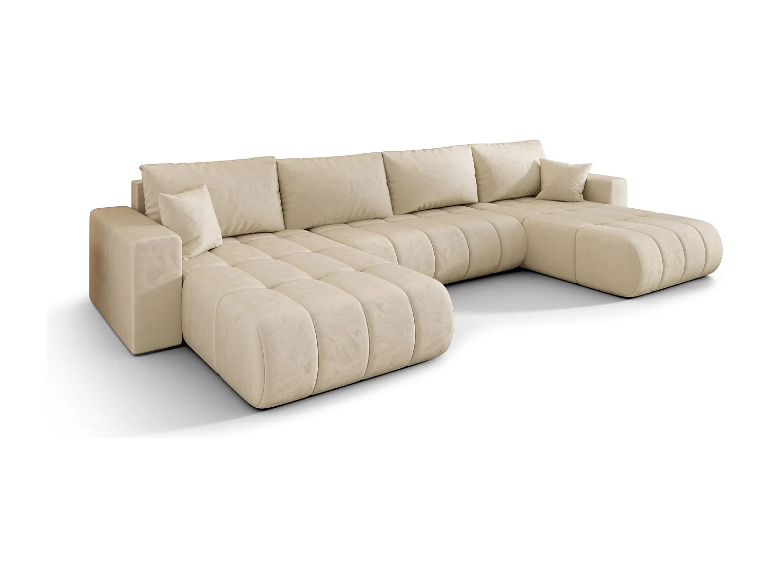 Canapé d'angle LARA PREMIUM en U beige velours Monolith 2 - fonction couchage, coffre à literie