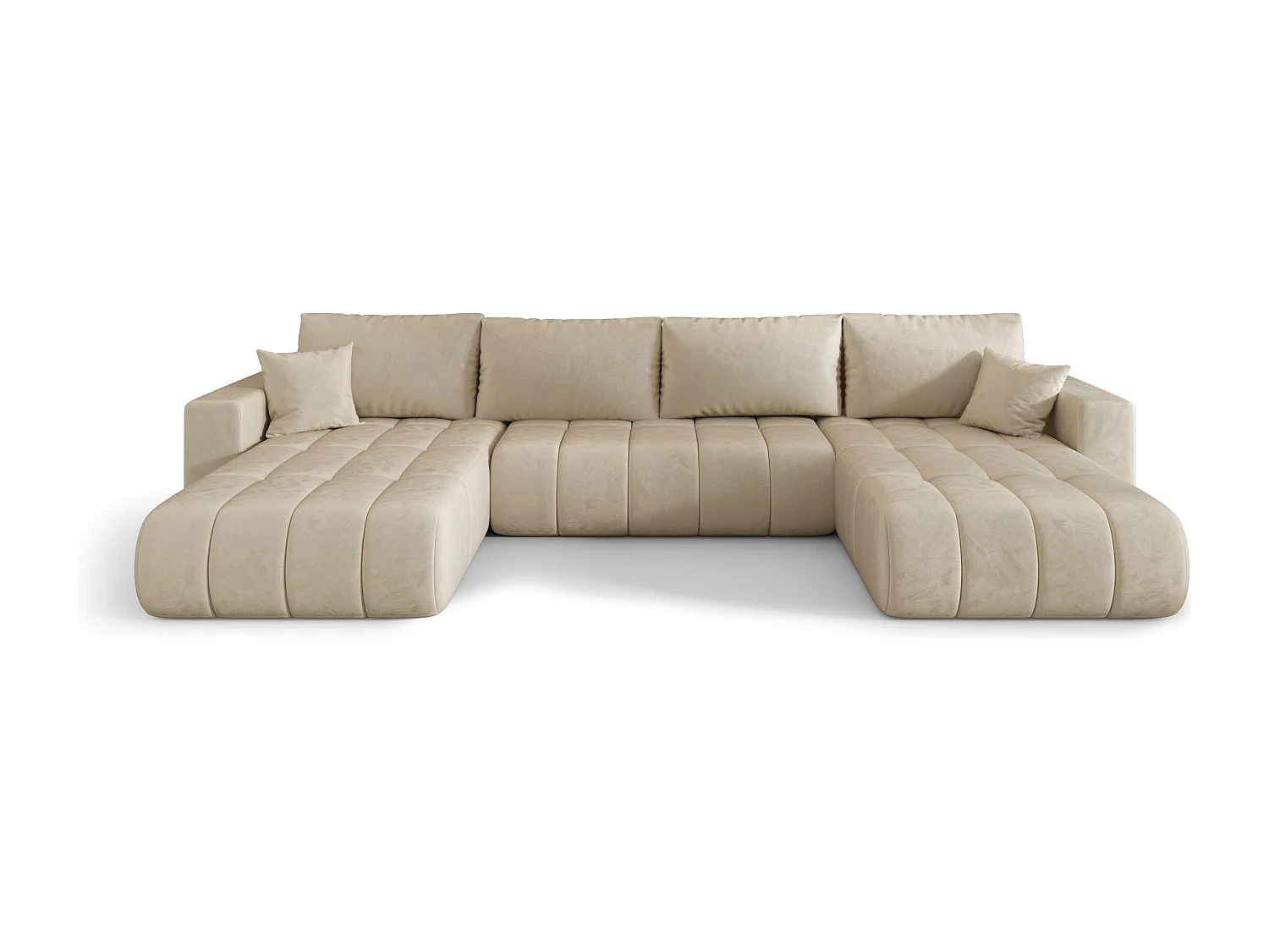 Canapé d'angle LARA PREMIUM en U beige velours Monolith 2 - fonction couchage, coffre à literie