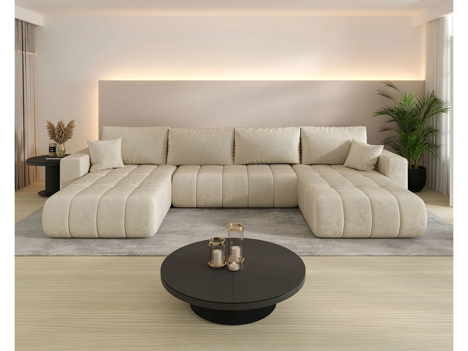 Canapé d'angle LARA PREMIUM en U beige velours Monolith 2 - fonction couchage, coffre à literie
