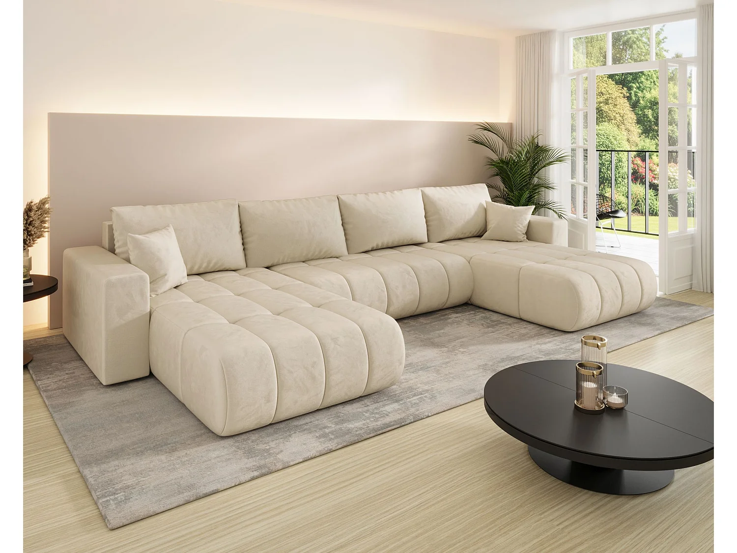 Canapé d'angle LARA PREMIUM en U beige velours Monolith 2 - fonction couchage, coffre à literie