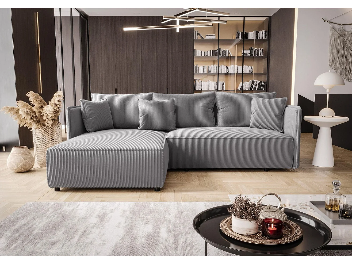 Canapé d'angle MILANO gauche gris velours côtelé Poso 55 - fonction couchage, coffre à literie