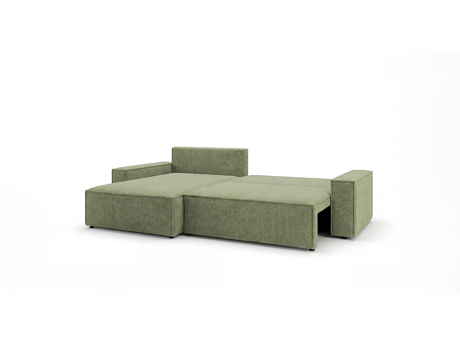 Canapé d'angle VIENNA gauche vert clair velours côtelé Poso 47 - fonction couchage, coffre à literie