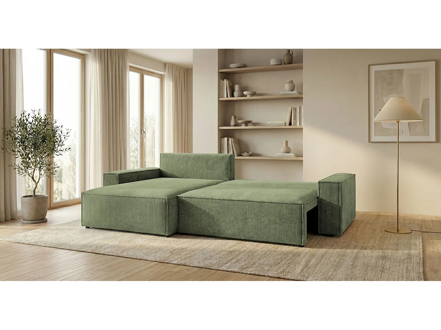 Canapé d'angle VIENNA gauche vert clair velours côtelé Poso 47 - fonction couchage, coffre à literie