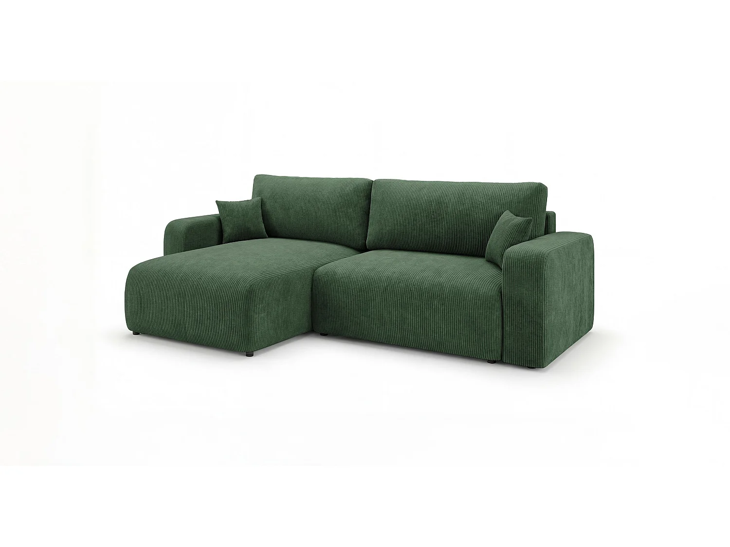 Canapé d'angle BERLIN droit vert velours côtelé Poso 14 - fonction couchage, coffre à literie