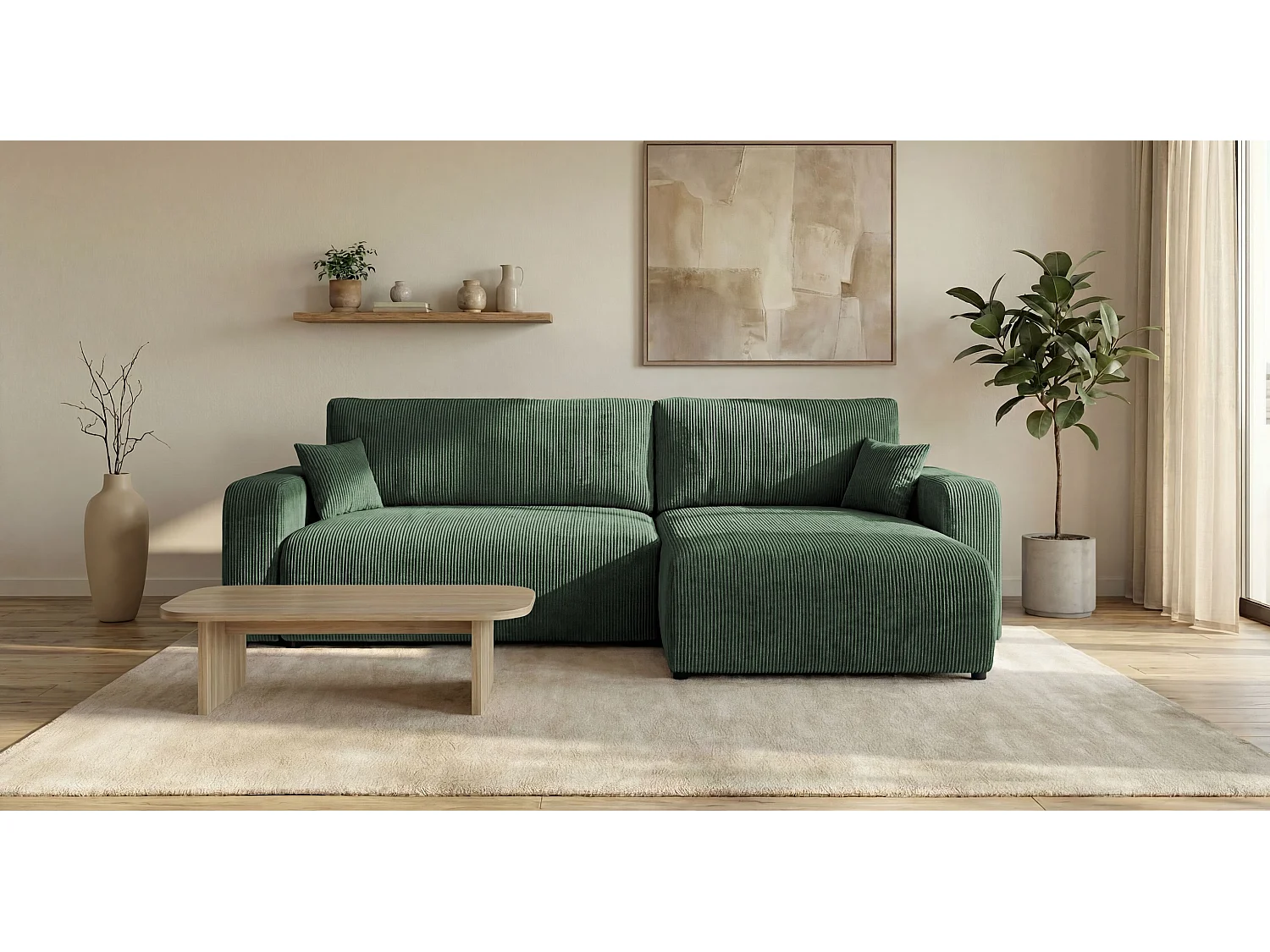 Canapé d'angle BERLIN droit vert velours côtelé Poso 14 - fonction couchage, coffre à literie