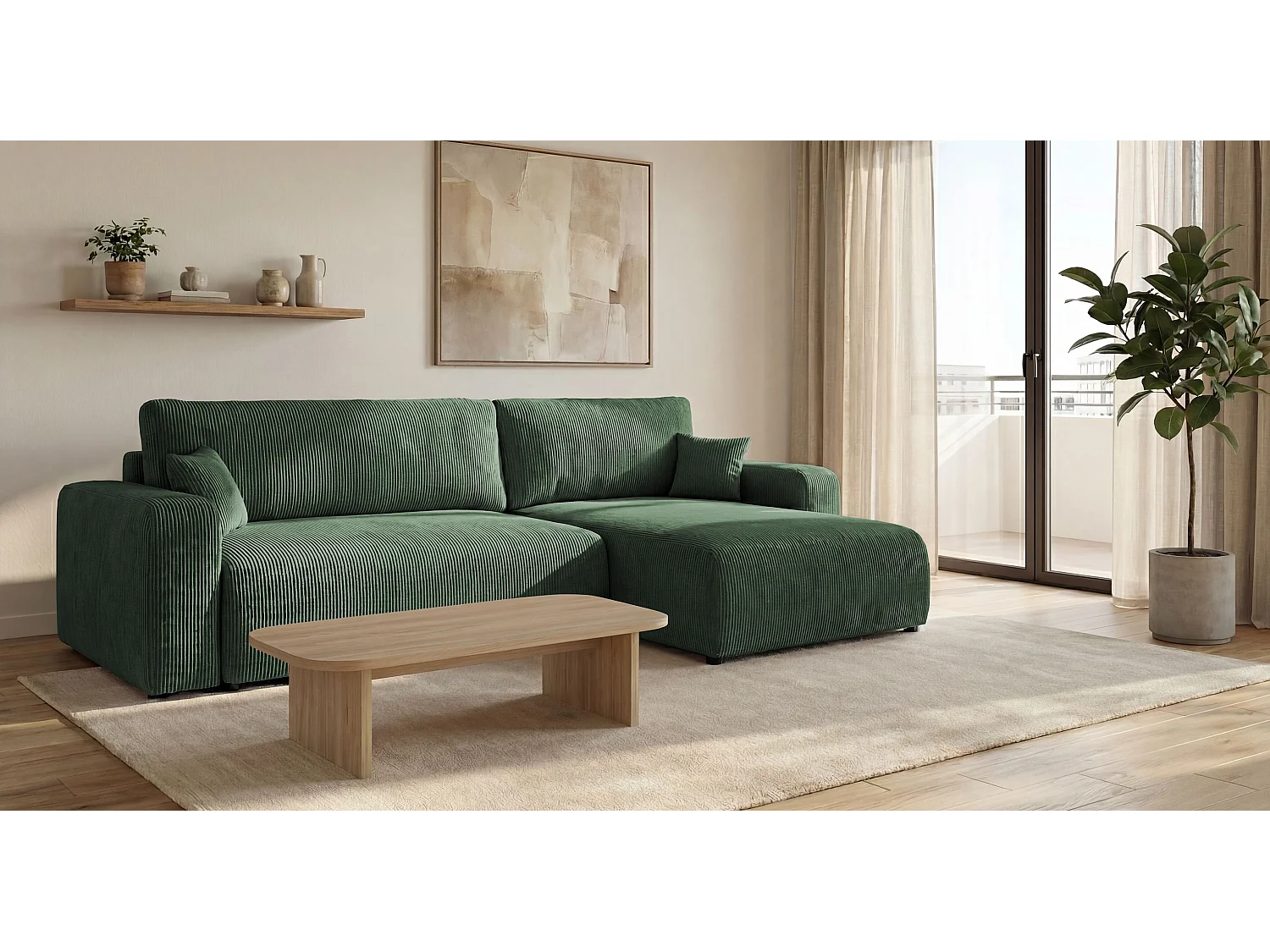 Canapé d'angle BERLIN droit vert velours côtelé Poso 14 - fonction couchage, coffre à literie