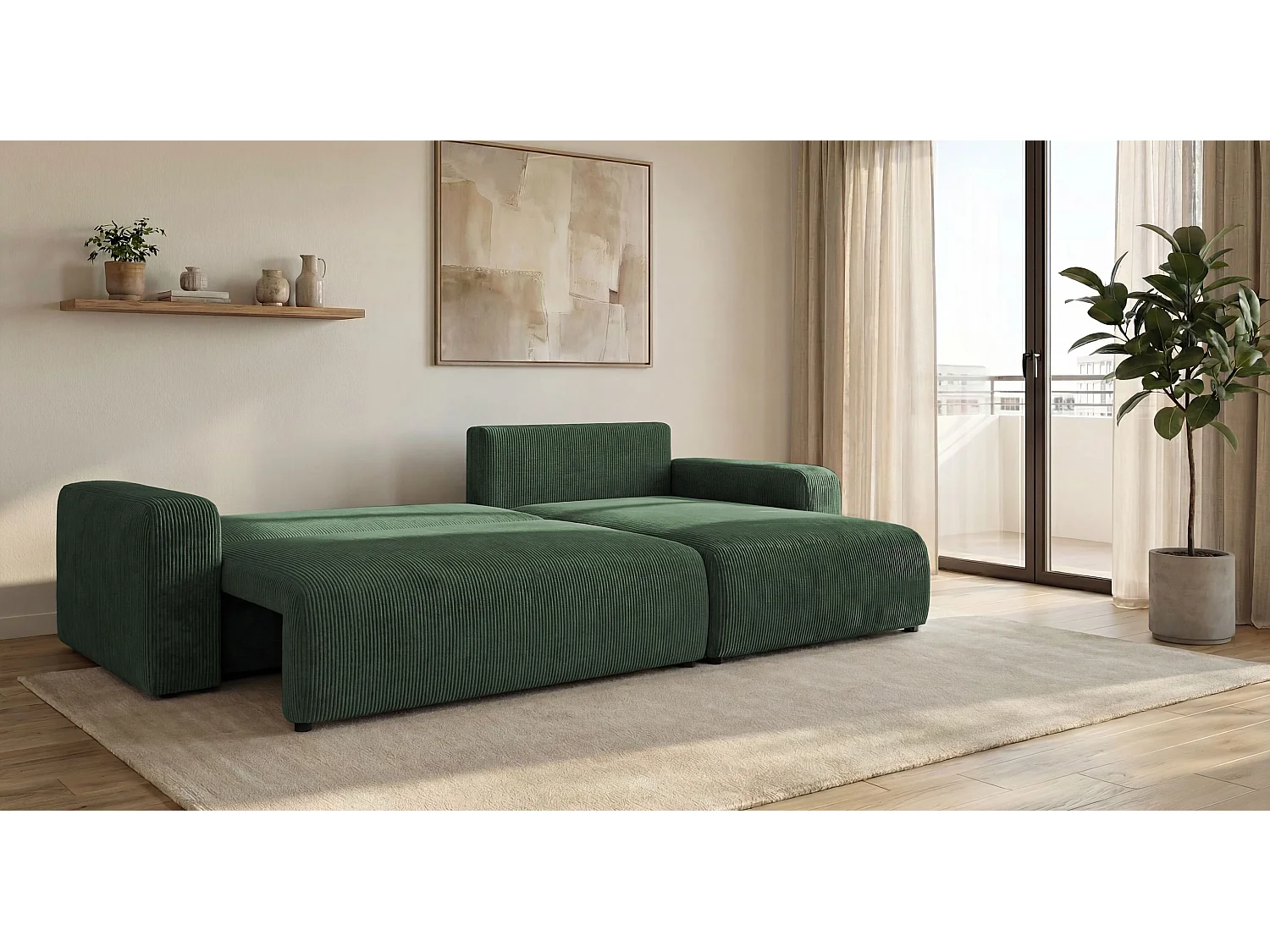 Canapé d'angle BERLIN droit vert velours côtelé Poso 14 - fonction couchage, coffre à literie