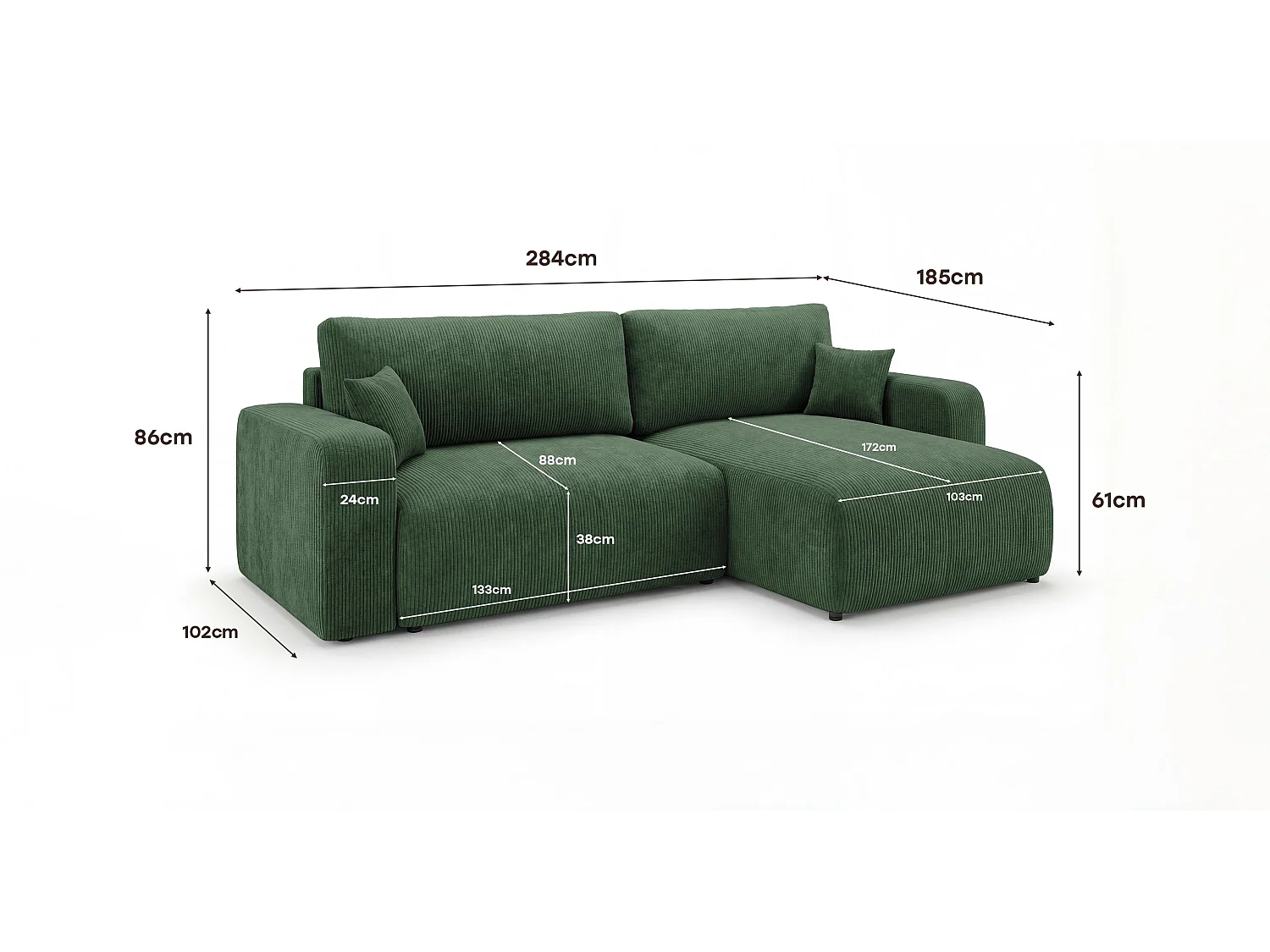 Canapé d'angle BERLIN droit vert velours côtelé Poso 14 - fonction couchage, coffre à literie