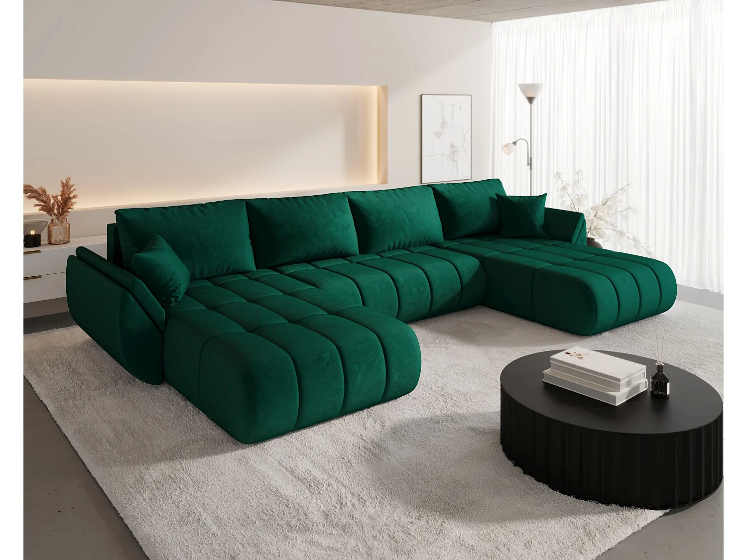 Canapé d'angle SYDNEY PREMIUM en U vert velours Monolith 37 - fonction couchage, coffre à literie