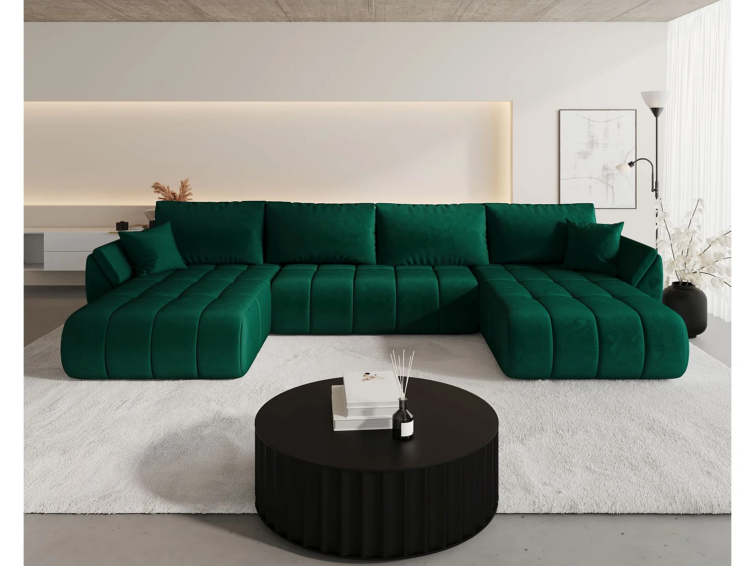Canapé d'angle SYDNEY PREMIUM en U vert velours Monolith 37 - fonction couchage, coffre à literie