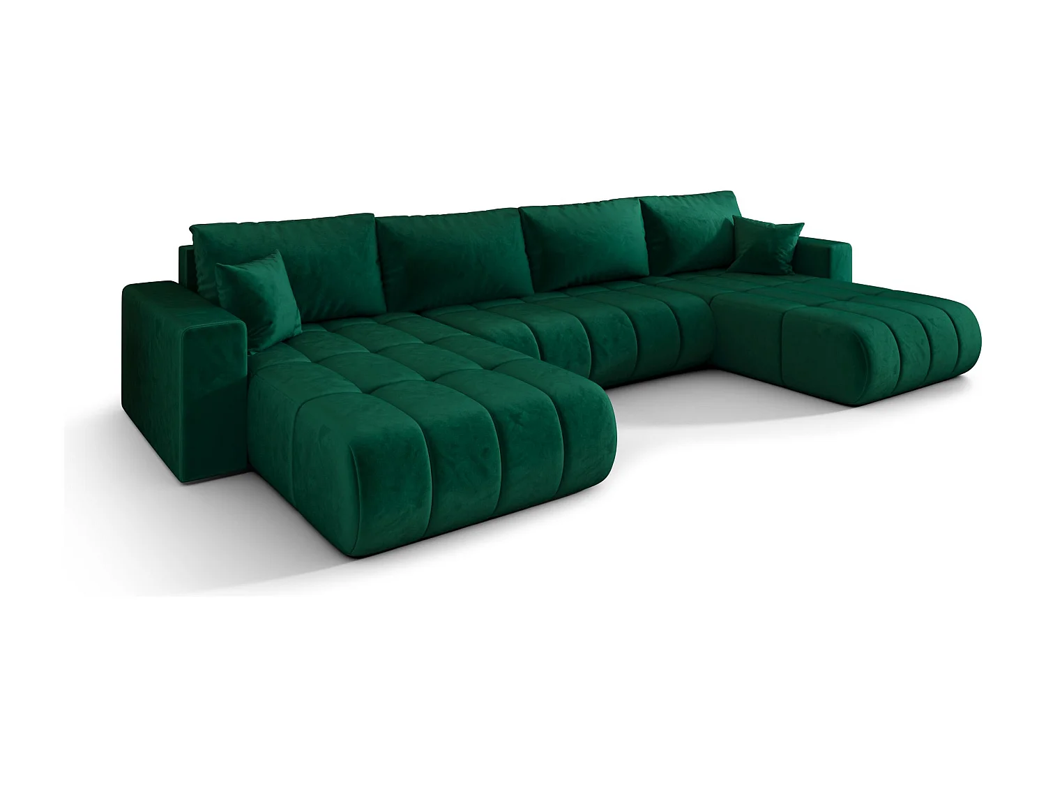 Canapé d'angle LARA PREMIUM en U vert velours Monolith 37 - fonction couchage, coffre à literie
