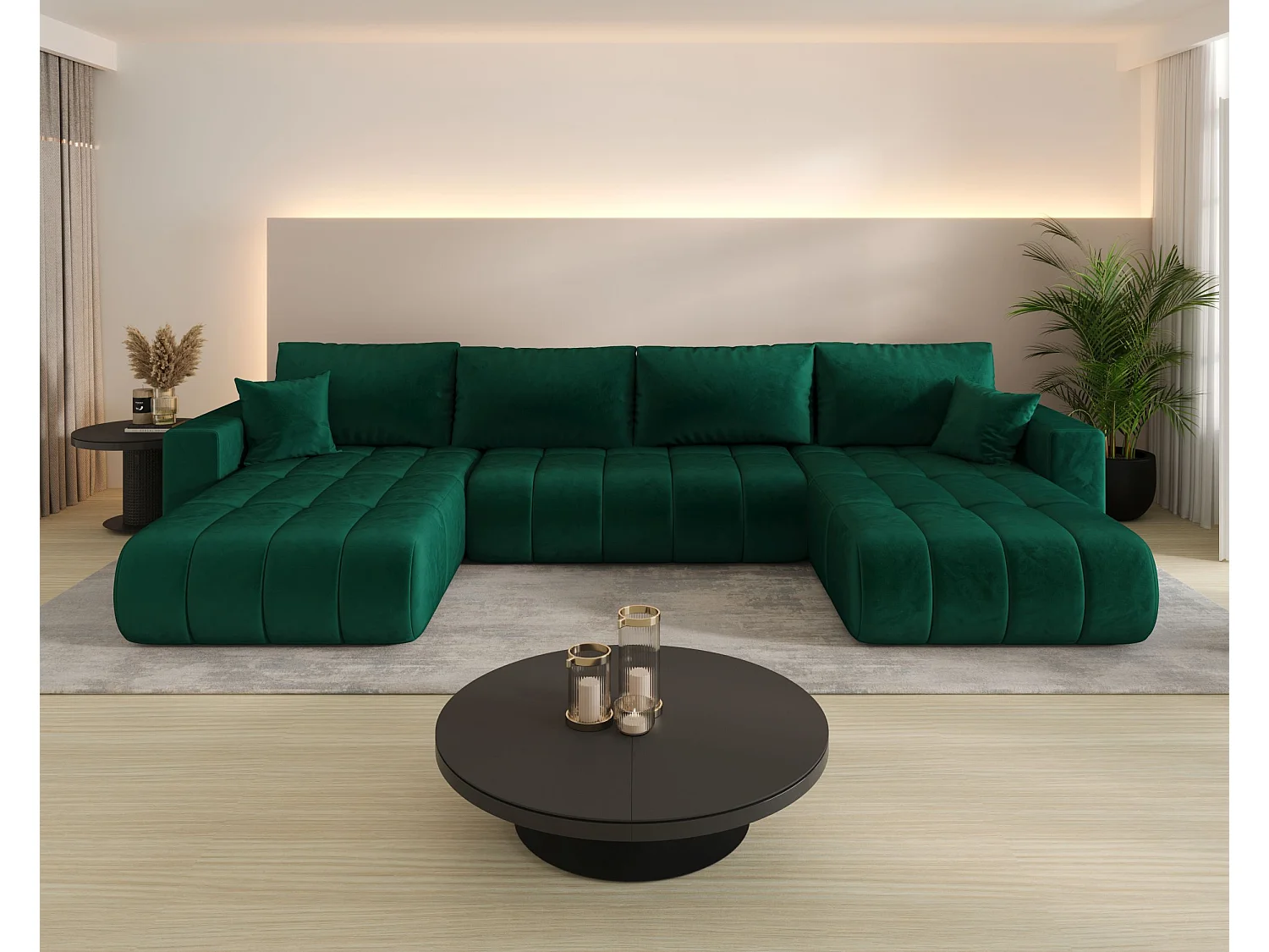 Canapé d'angle LARA PREMIUM en U vert velours Monolith 37 - fonction couchage, coffre à literie