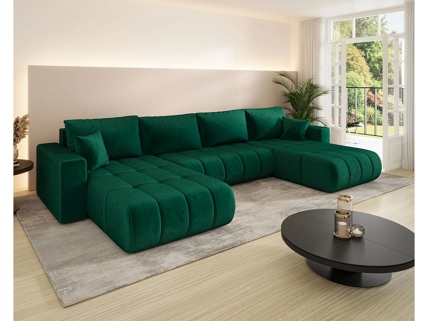 Canapé d'angle LARA PREMIUM en U vert velours Monolith 37 - fonction couchage, coffre à literie