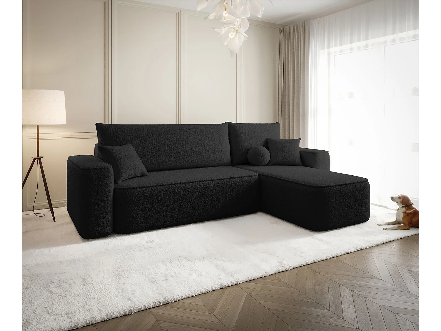 Canapé d'angle TEXAS droit noir Bukle Quelle 100 - fonction couchage, coffre à literie