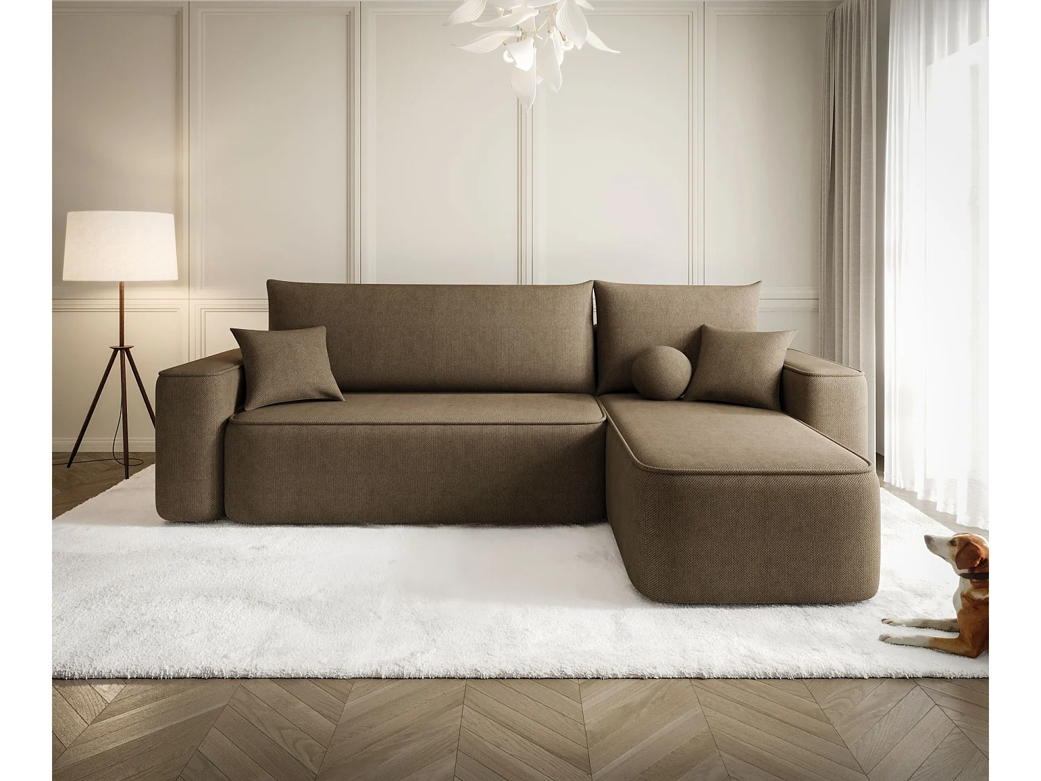 Canapé d'angle TEXAS droit marron tricot Curio 20 - fonction couchage, coffre à literie