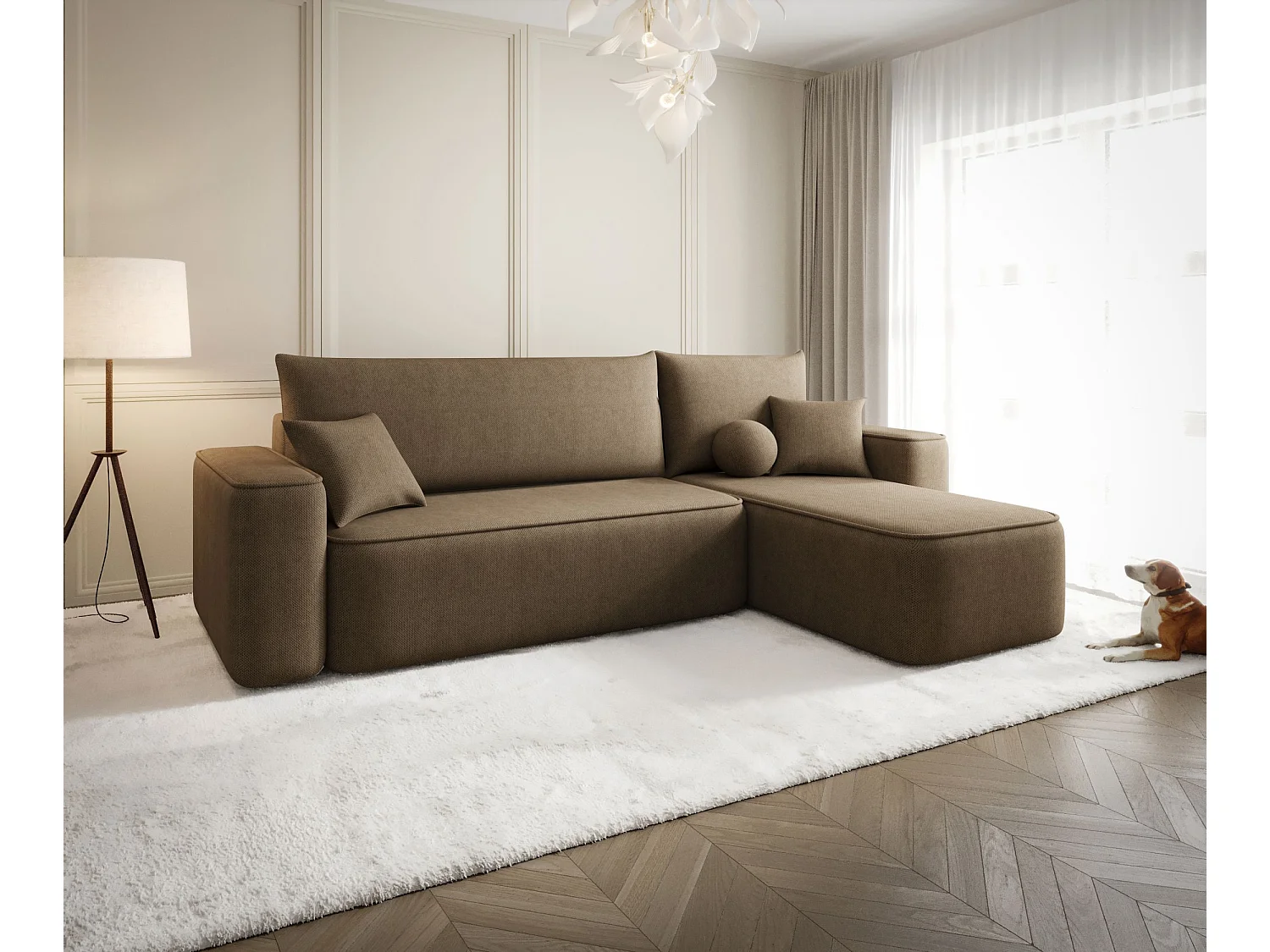 Canapé d'angle TEXAS droit marron tricot Curio 20 - fonction couchage, coffre à literie