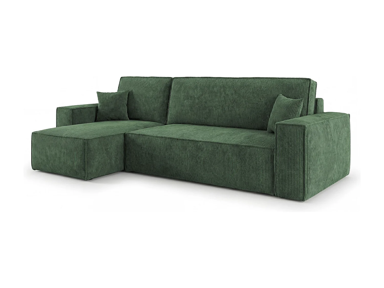 Canapé d'angle CALIFORNIA MINI gauche vert velours côtelé Poso 14 - fonction couchage, coffre à literie