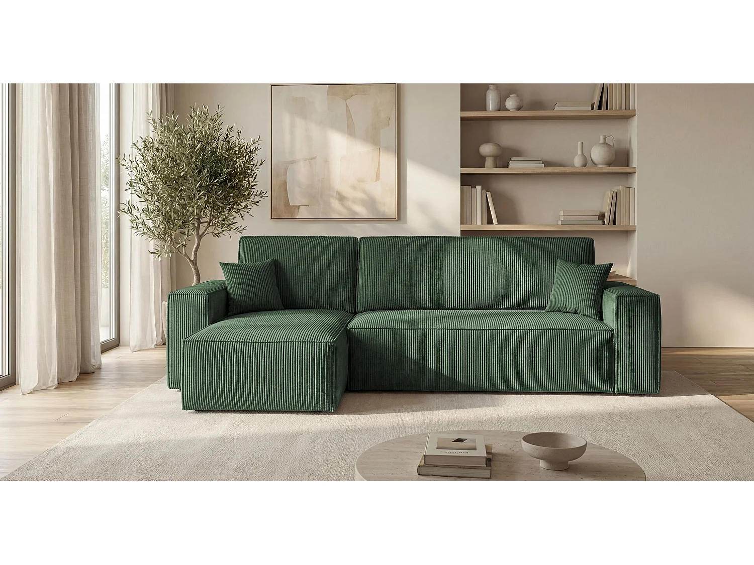 Canapé d'angle CALIFORNIA MINI gauche vert velours côtelé Poso 14 - fonction couchage, coffre à literie