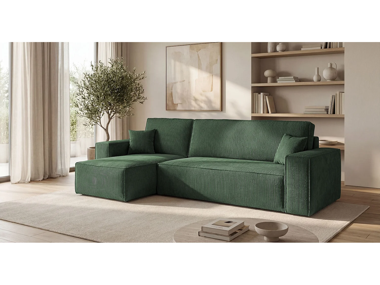 Canapé d'angle CALIFORNIA MINI gauche vert velours côtelé Poso 14 - fonction couchage, coffre à literie