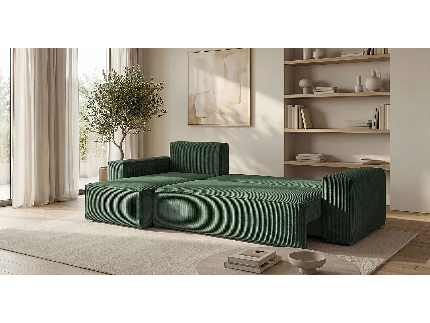 Canapé d'angle CALIFORNIA MINI gauche vert velours côtelé Poso 14 - fonction couchage, coffre à literie