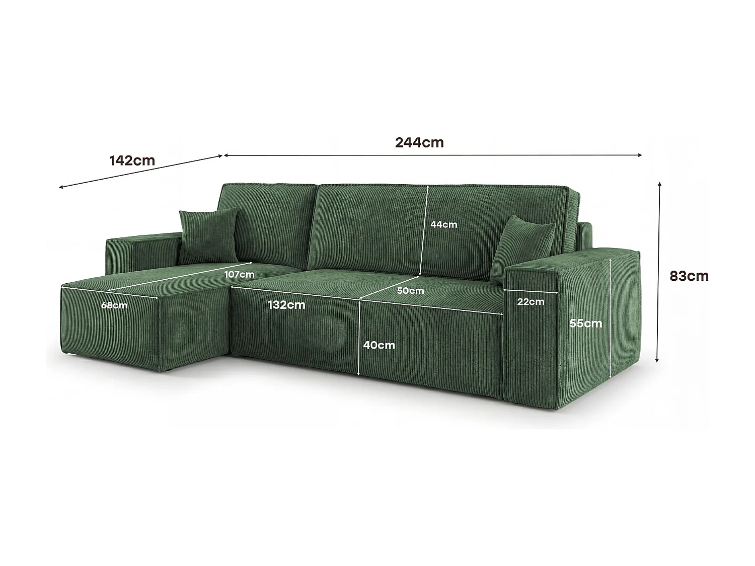Canapé d'angle CALIFORNIA MINI gauche vert velours côtelé Poso 14 - fonction couchage, coffre à literie