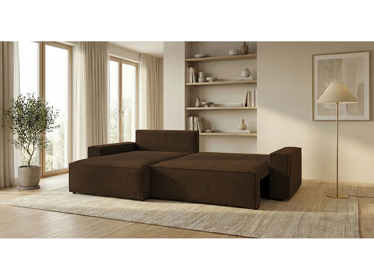 Canapé d'angle VIENNA gauche marron velours côtelé Poso 6 - fonction couchage, coffre à literie