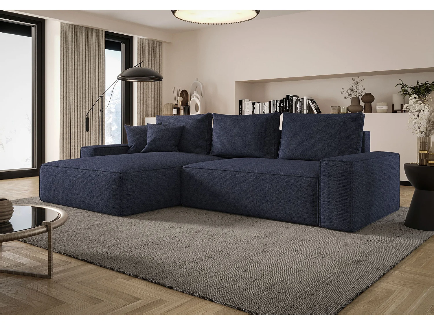 Canapé d'angle CALIFORNIA gauche bleu foncé tricot Aragon 79 - fonction couchage, coffre à literie