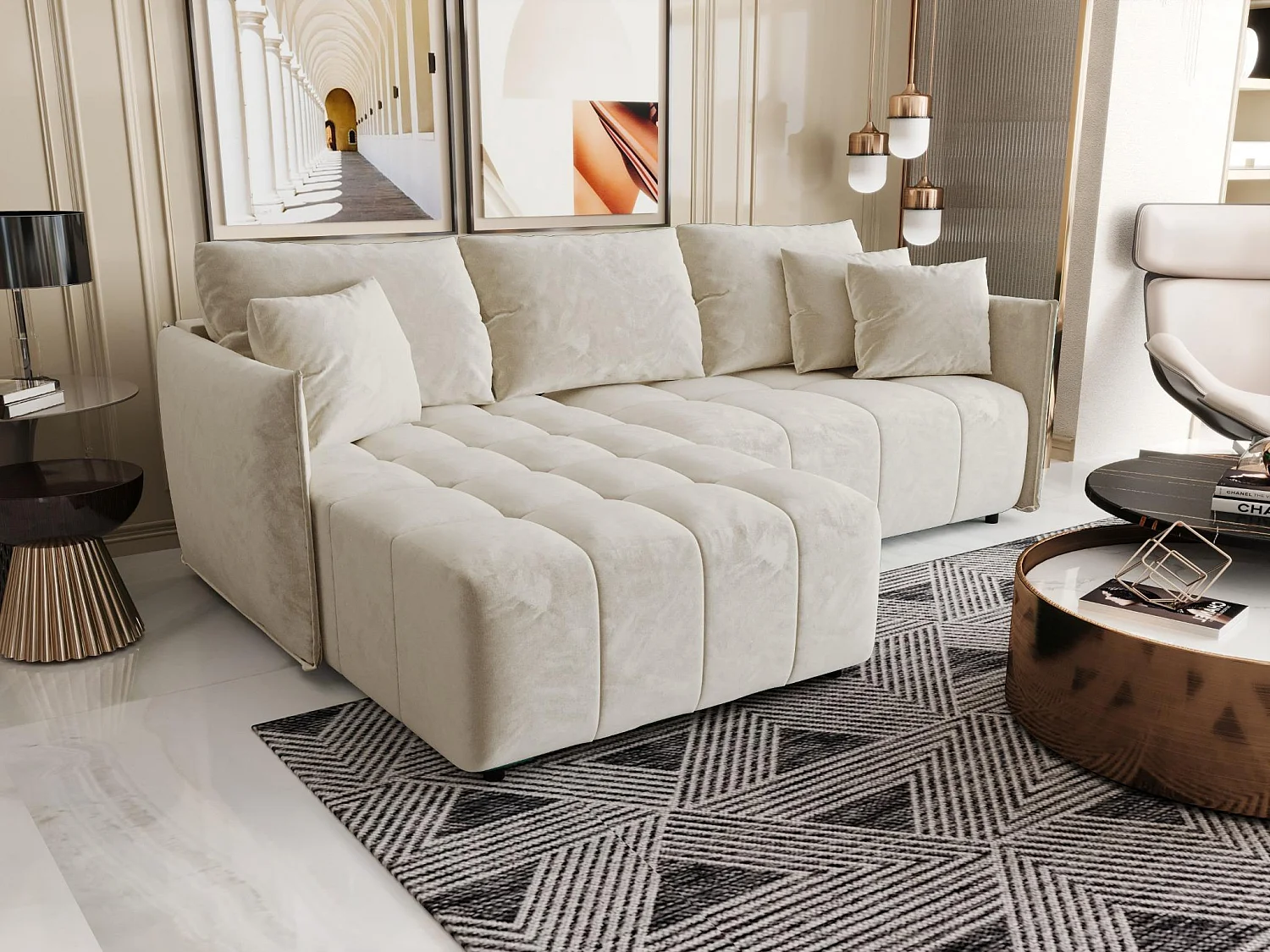 Canapé d'angle CHICAGO gauche beige velours Monolith 2 - fonction couchage, coffre à literie