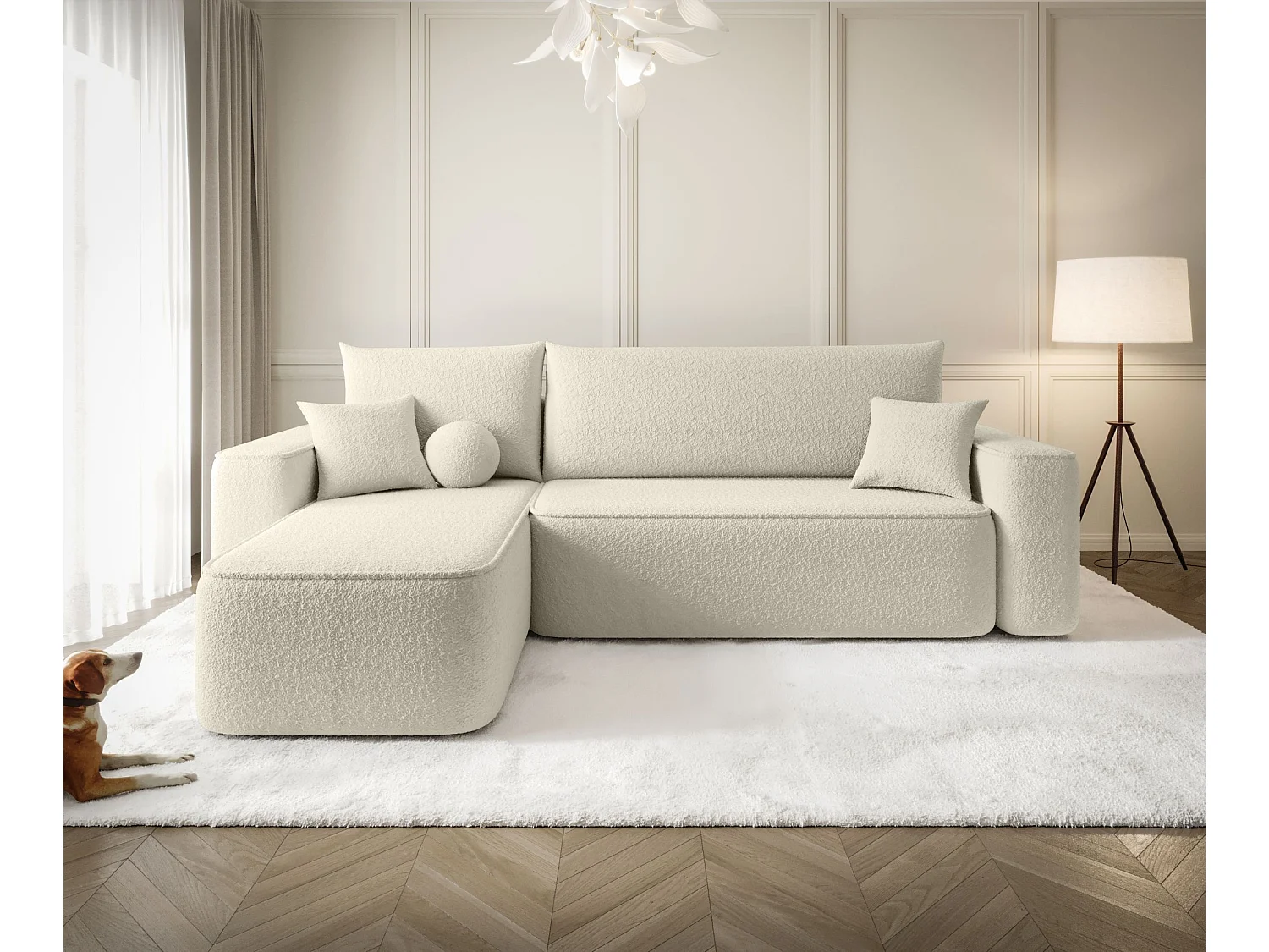 Canapé d'angle TEXAS gauche beige Bukle Quelle 3 - fonction couchage, coffre à literie