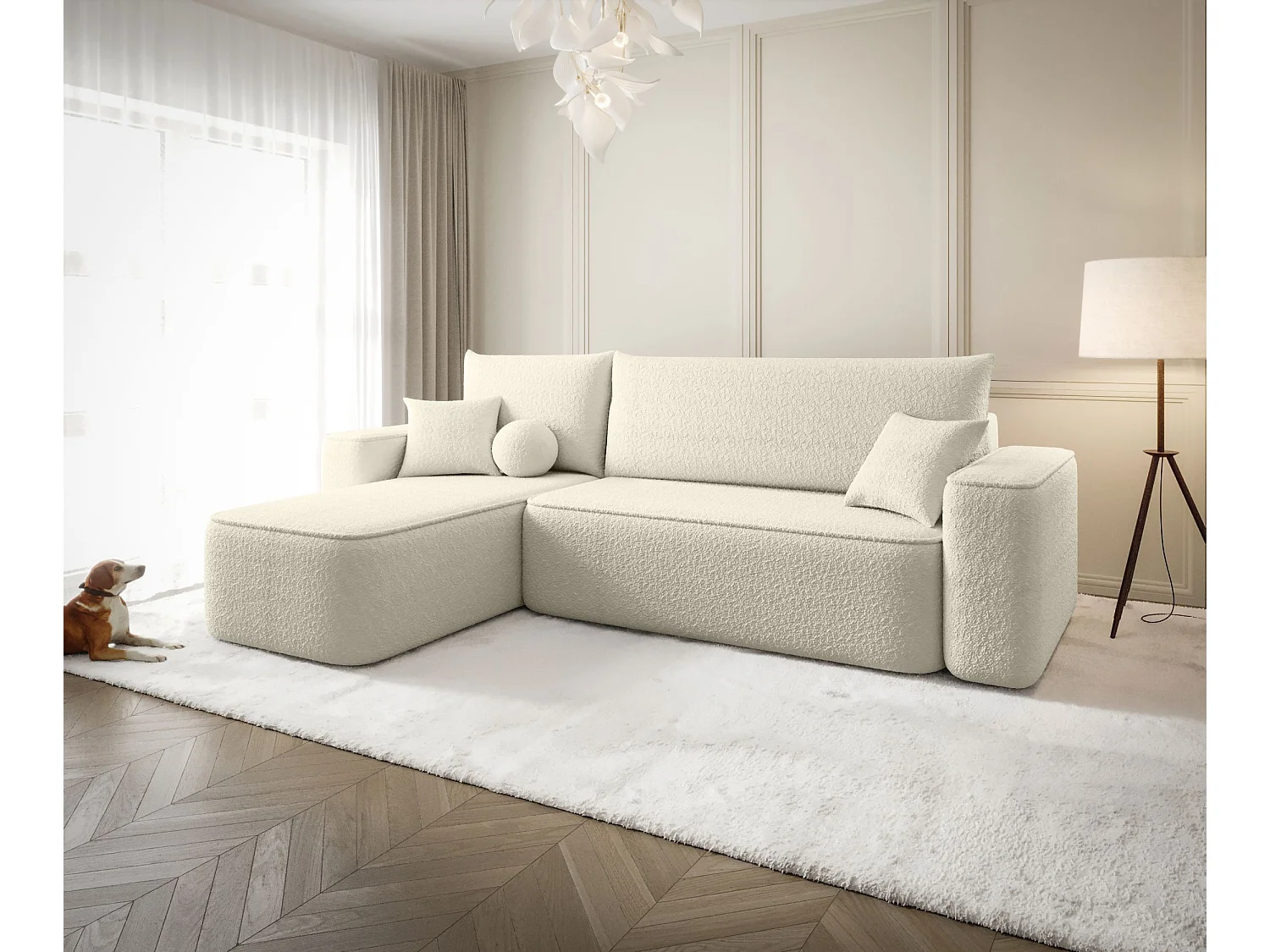 Canapé d'angle TEXAS gauche beige Bukle Quelle 3 - fonction couchage, coffre à literie