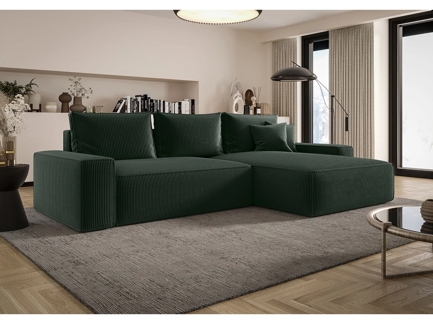 Canapé d'angle CALIFORNIA droit vert velours côtelé Poso 14 - fonction couchage, coffre à literie