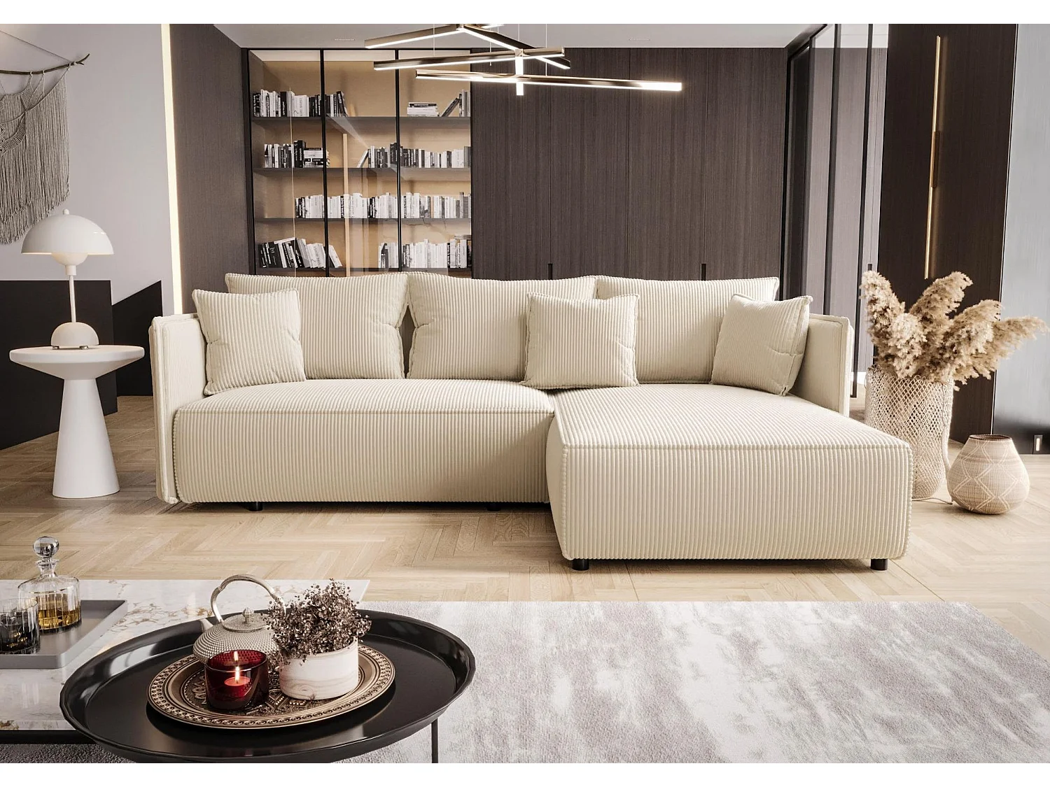 Canapé d'angle MILANO droit blanc cassé velours côtelé Poso 105 - fonction couchage, coffre à literie