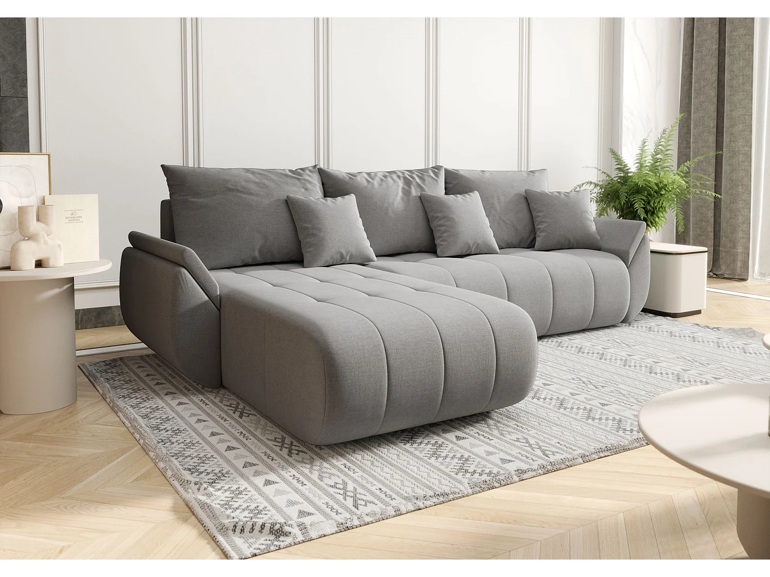 Canapé d'angle SYDNEY gauche beige tricot Wind 11 - fonction couchage, coffre à literie