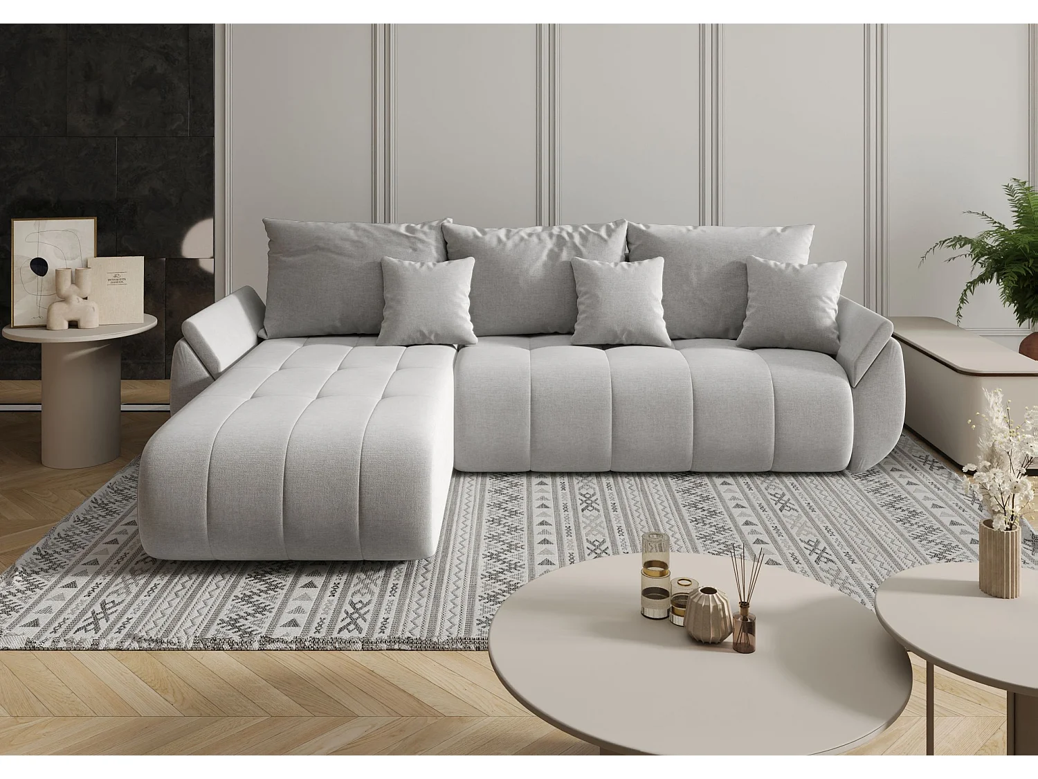 Canapé d'angle SYDNEY gauche beige tricot Wind 11 - fonction couchage, coffre à literie
