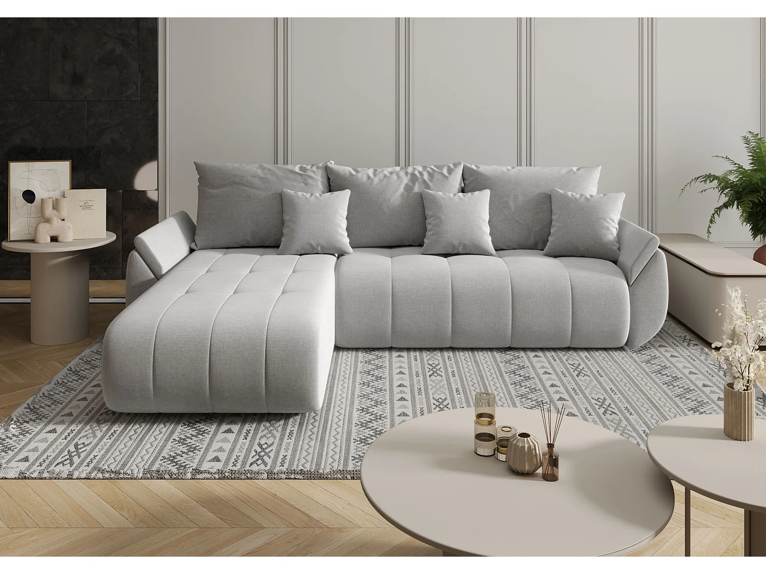 Canapé d'angle SYDNEY gauche gris clair tricot Wind 84 - fonction couchage, coffre à literie